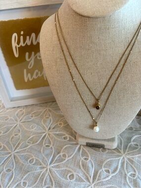 Stella & Dot Gold Layered Faux Pearl & Bead Pendant Necklace Adjustable